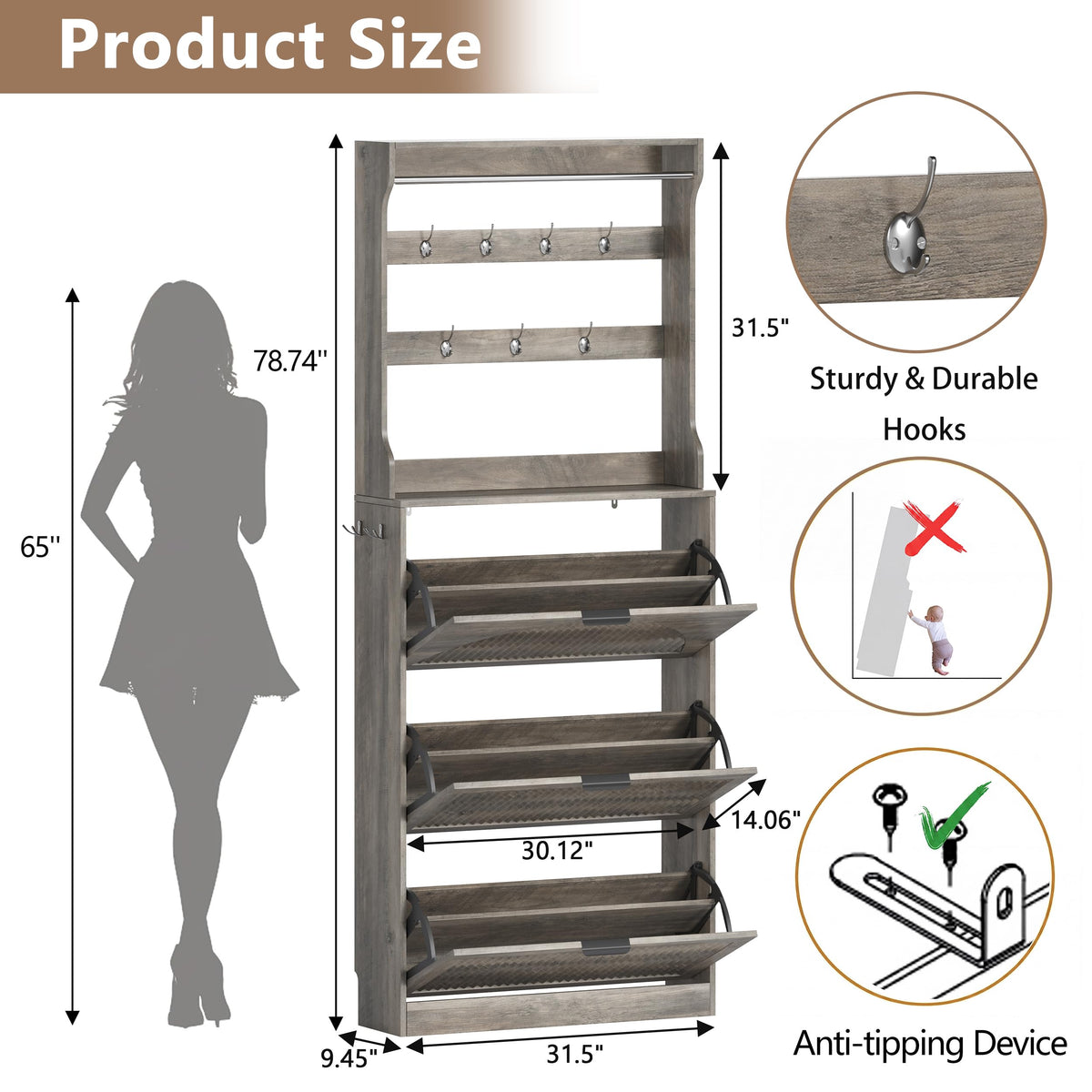 Shoe Cabinet for Entryway with Coat Rack, Slim Fluted Design