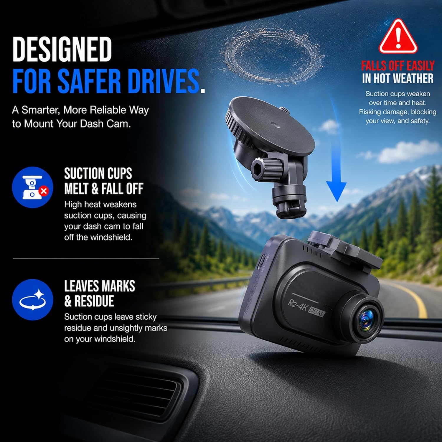 Universal Dash Cam Mount for Rove R2-4K, R2-4K Pro, R2-4K Dual, Redtiger Dash Cam - Suction Cup Replacement – Stable