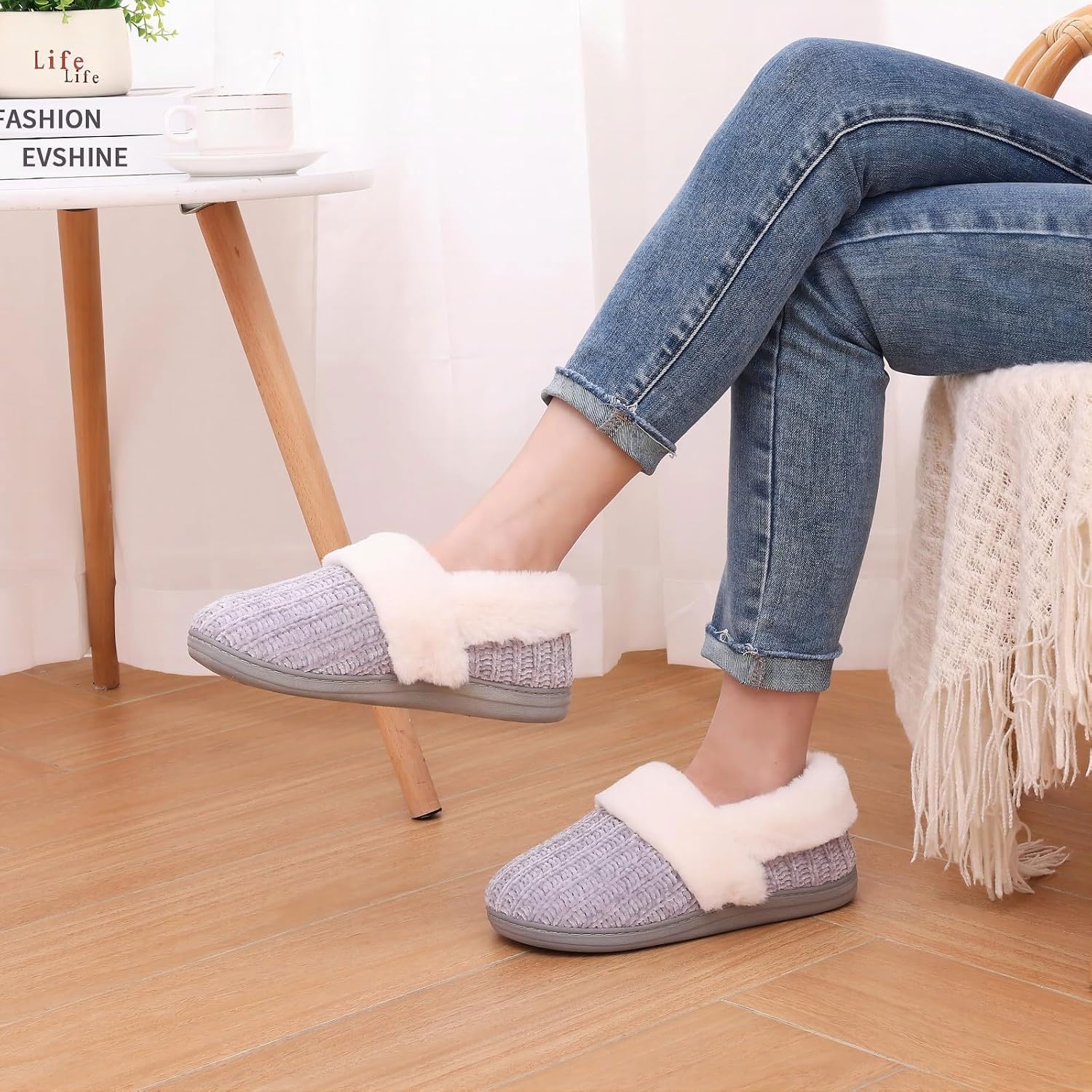 Fuzzy Memory Foam Slippers for Women Closed Back Knit House Shoes | Soft Faux Lamb Wool Lining, Non-Slip Rubber Sole