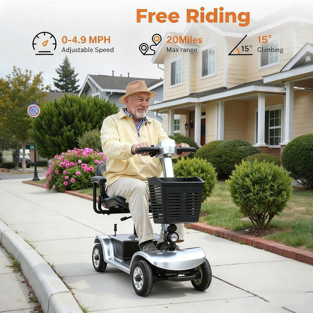 Long Range 4 Wheel Electric Mobility Scooter - 400 lb Weight Capacity, Collapsible & Compact for Travel, Equipped