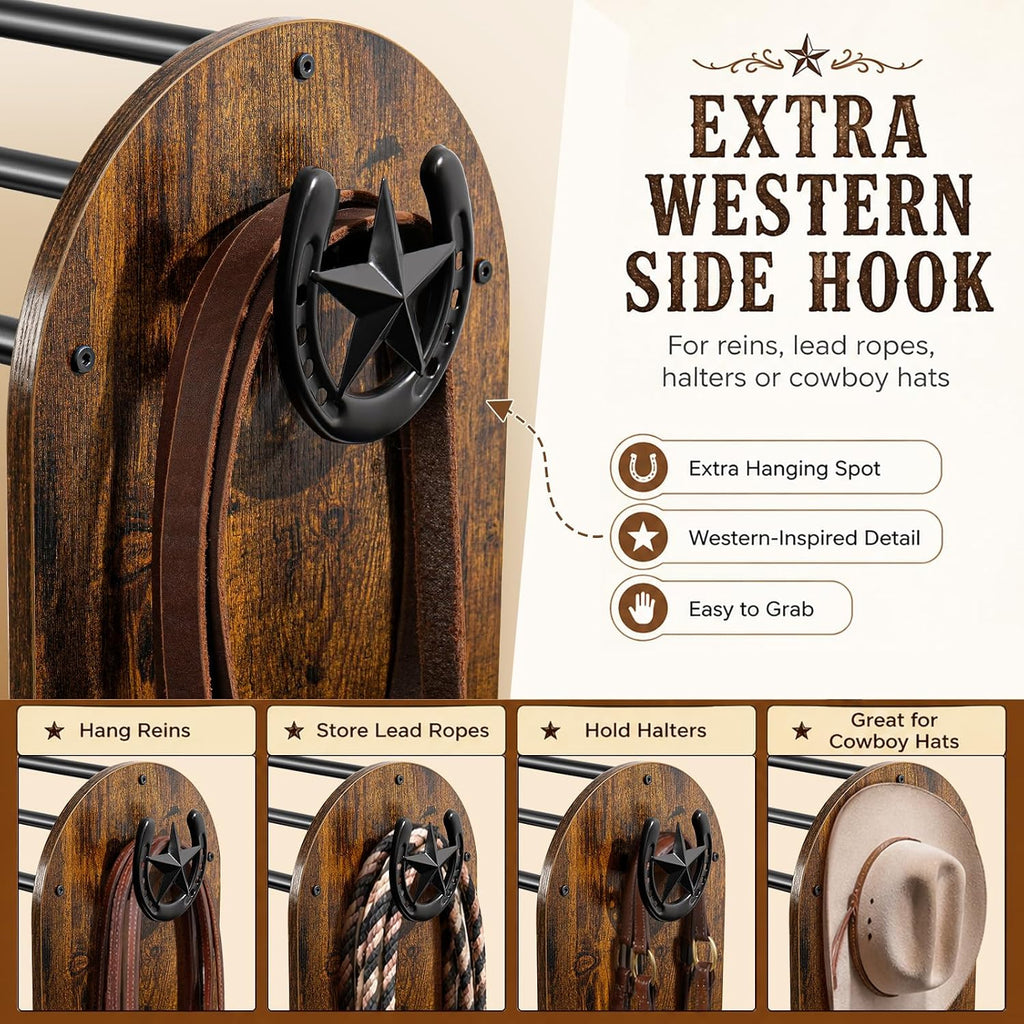 Saddle Rack Stand, Freestanding Horse Saddle Holder with Mesh Shelf, Hooks