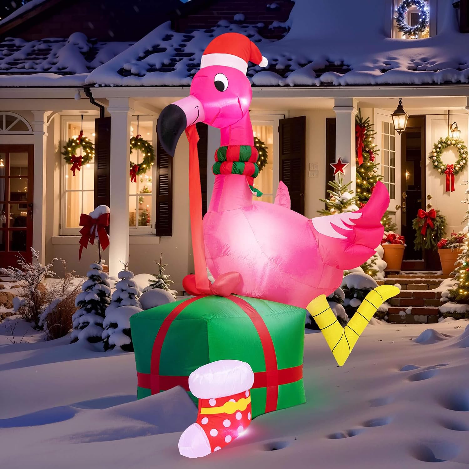 Christmas Inflatables Outdoor Decorations - 6FT Christmas Blow Up Flamingo LED Lights with Gift Box & Christmas