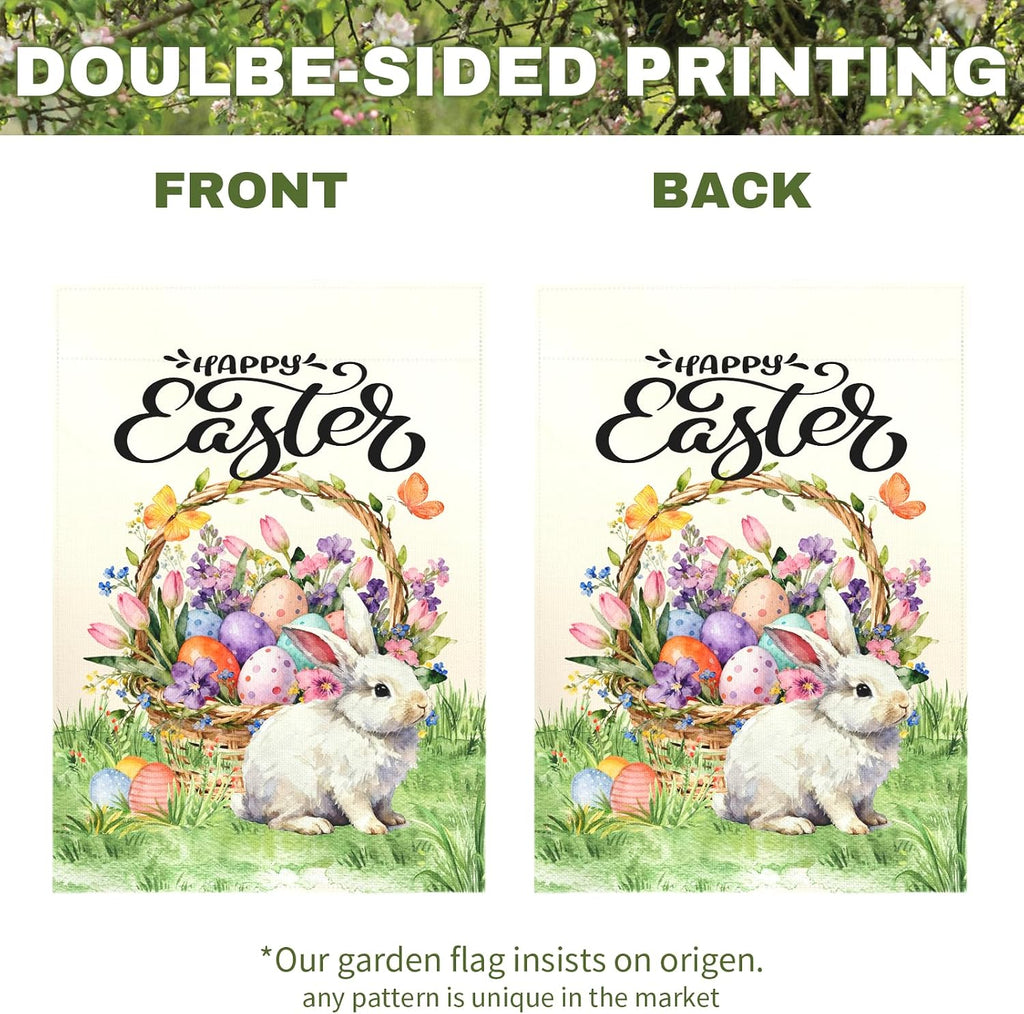 Happy Easter Garden Flag with Bunny Basket Spring Tulips Wildflowers Eggs Cute Rabbit Yard Flags Double Sided Welcome