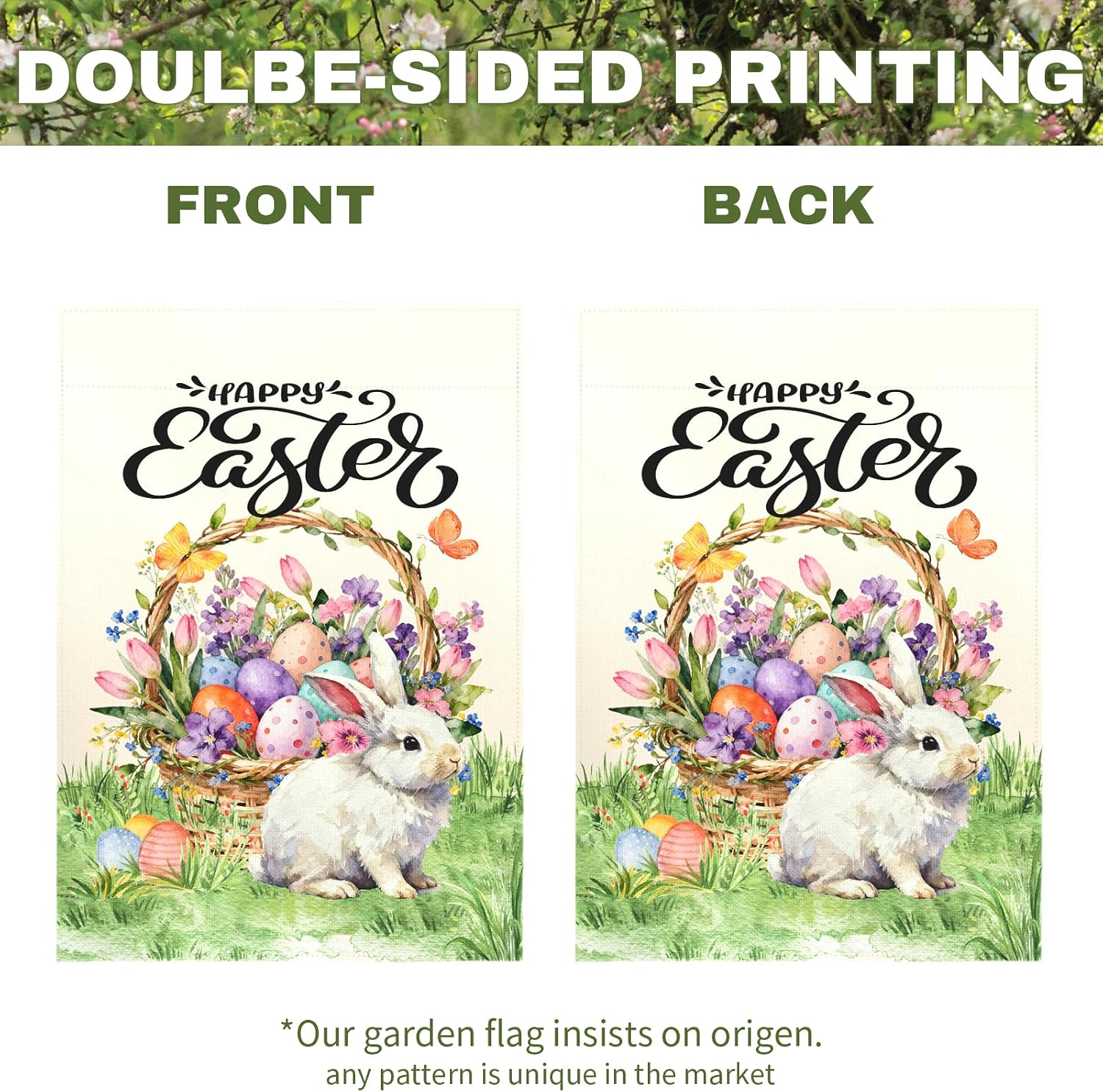 Happy Easter Garden Flag with Bunny Basket Spring Tulips Wildflowers Eggs Cute Rabbit Yard Flags Double Sided Welcome