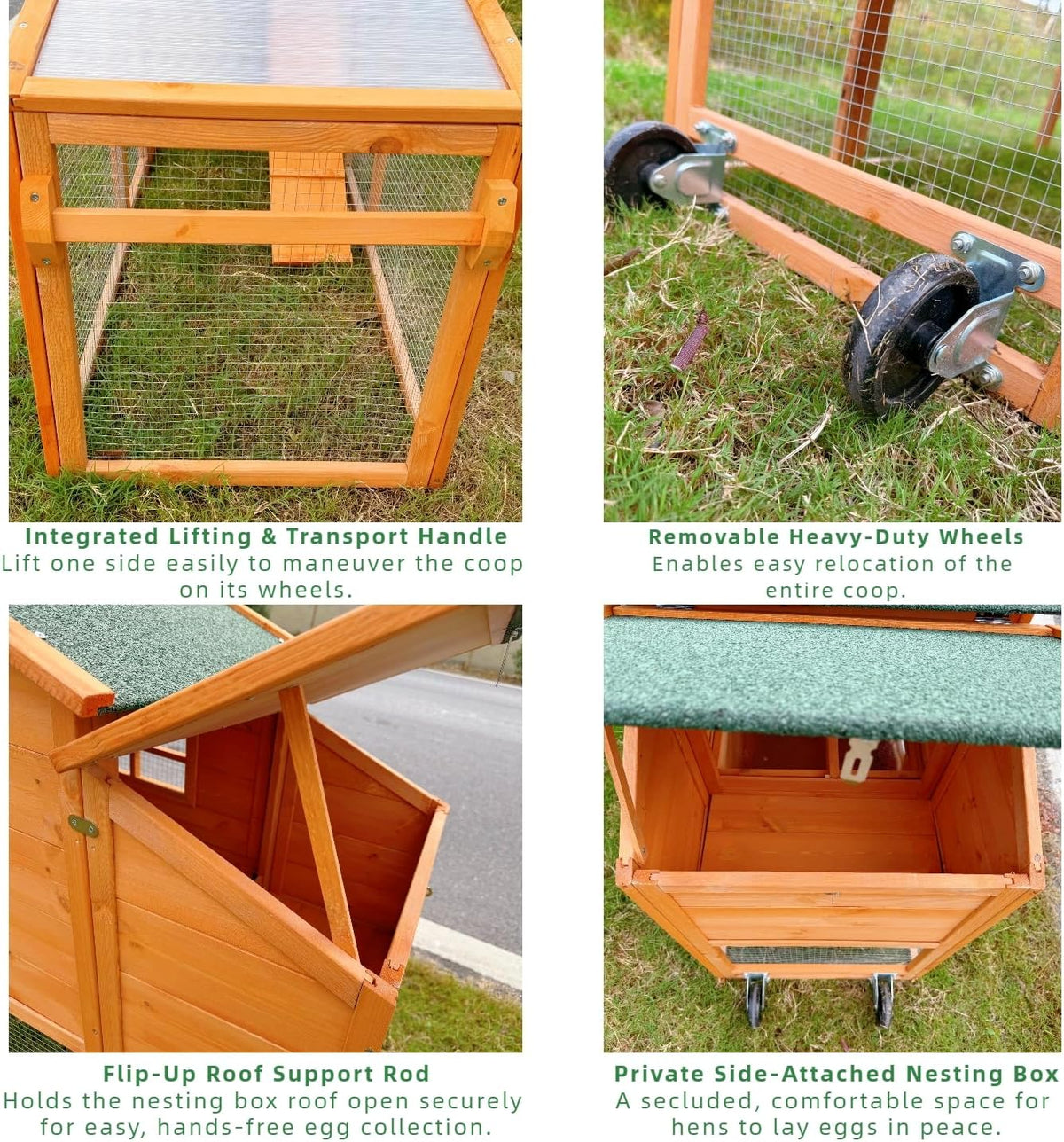 Mobile Chicken Coop with Wheels, Portable Hen House for 4-6 Chickens, Wood Outdoor Poultry Cage with Large Run