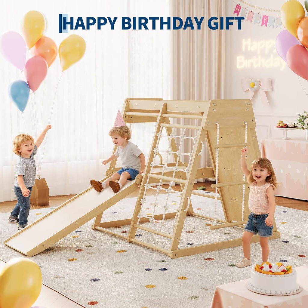 6-in-1 Indoor Playground Jungle Gym Kids Climbing Toys, Wooden Climber Playset with Slide, Climbing Rock, Monkey