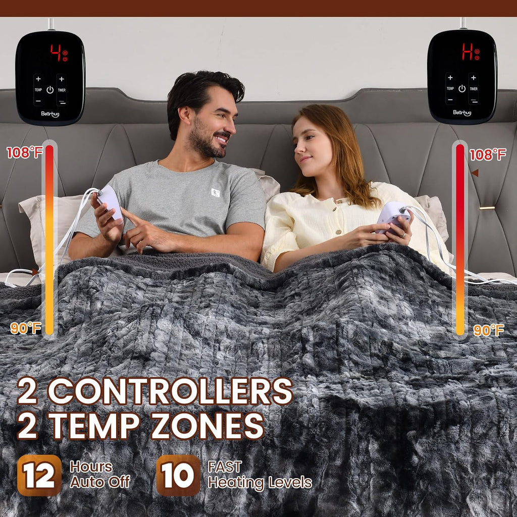 Electric Blanket King Size 100"x 90", Dual Controllers Heated Blanket, Reversible Faux Fur & Sherpa, Over-Heat