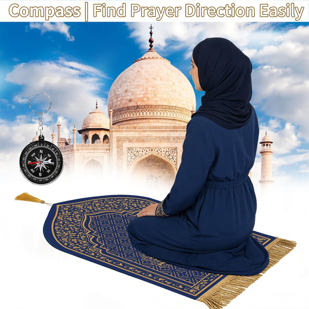 Prayer Mat Ramadan Gifts - Blue Prayer Rug Islamic Praying Tasbih Beads Compass, Muslim Praying Carpet for Men Women