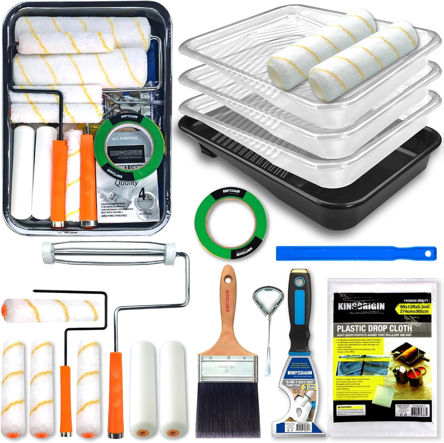 King Origin 20 Piece Paint Roller Kit, Paint Roller Covers 9-inch & 6-inch, Paint Brush, Paint Tray Liners &