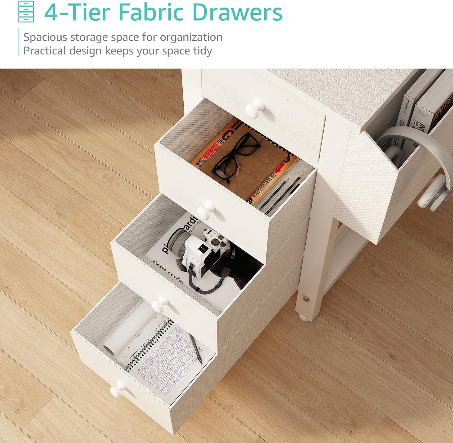 White L Shaped Computer Desk with Drawers & Storage Shelves, 47 Inch Corner Reversible Desk with Power Outlet for