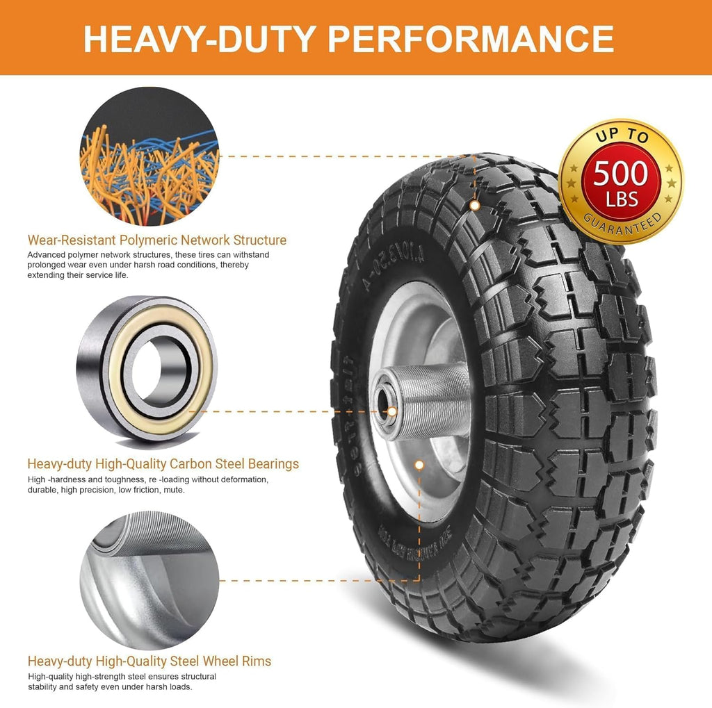 4.10/3.50-4 Tire and Dolly Wheel Flat Free - Solid Rubber Hand Truck Wheels 5/8" Axle - Gorilla Cart Tires