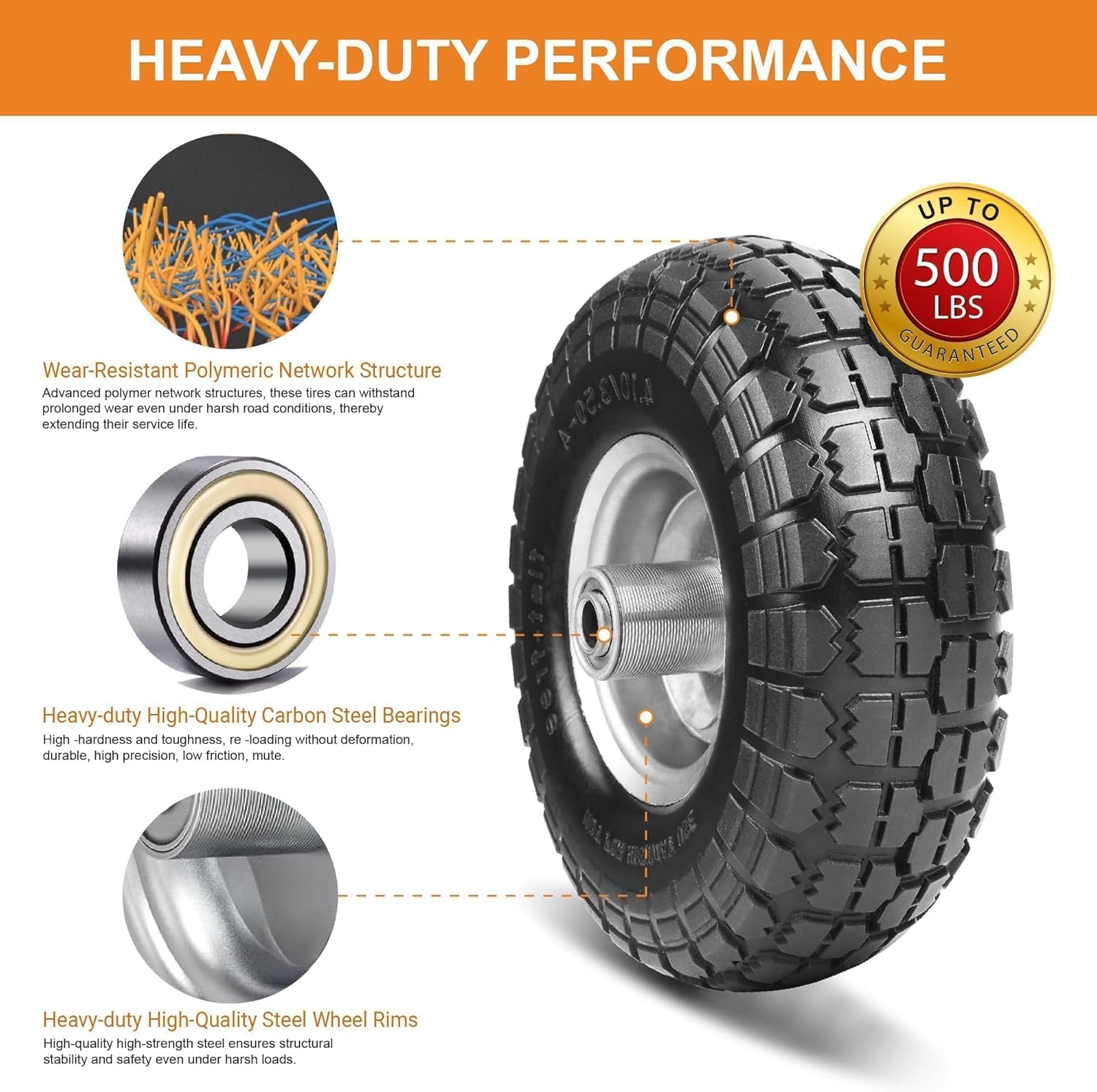 4.10/3.50-4 Tire and Dolly Wheel Flat Free - Solid Rubber Hand Truck Wheels 5/8" Axle - Gorilla Cart Tires