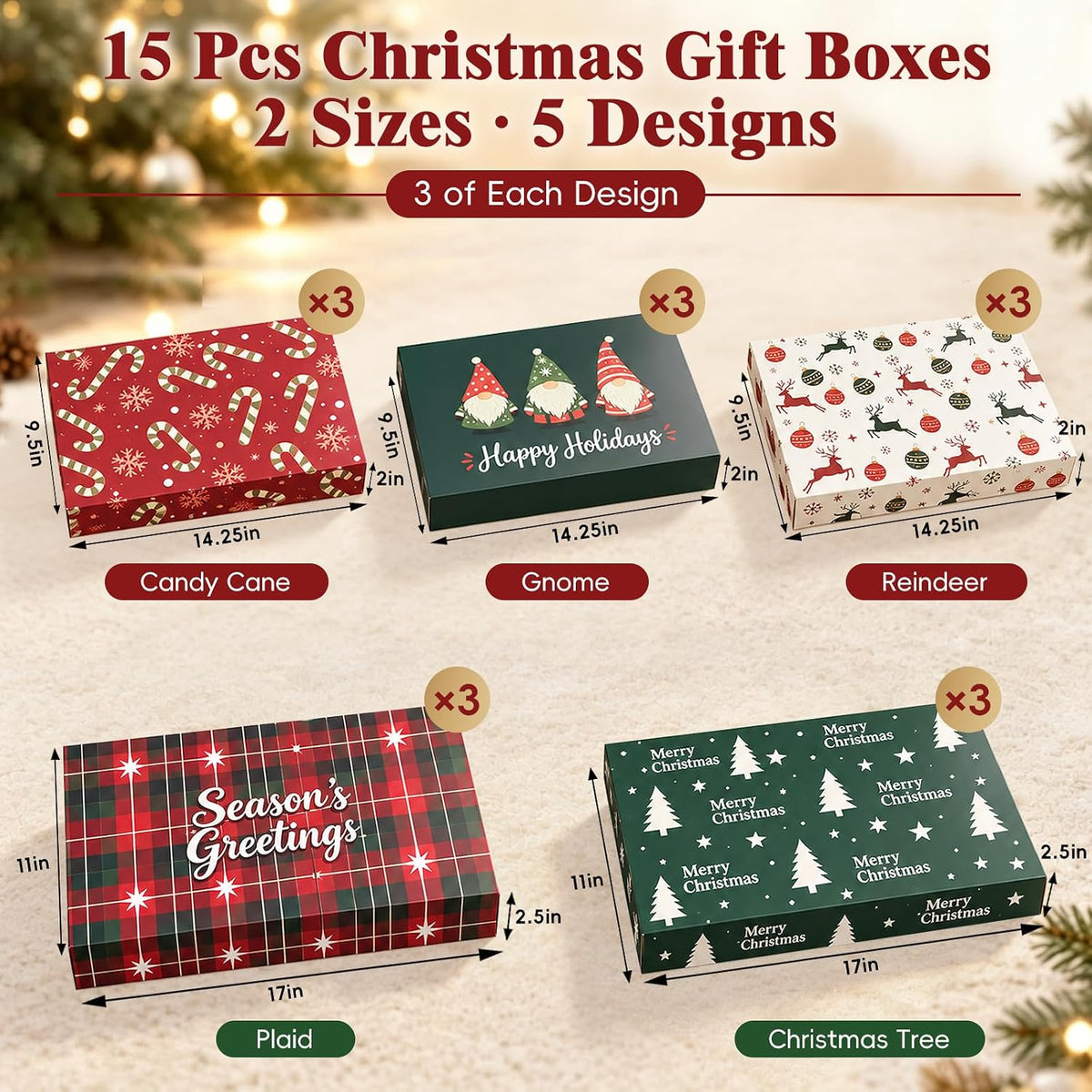15 Pack Christmas Gift Boxes with Lids, 2 Sizes, 5 Festive Designs