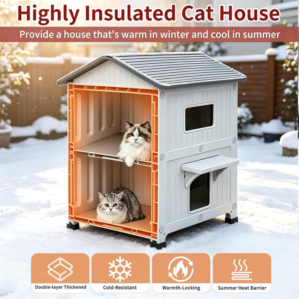 100% Insulated Outdoor Cat Houses for Winter, 2-Story Cat House Escape Door