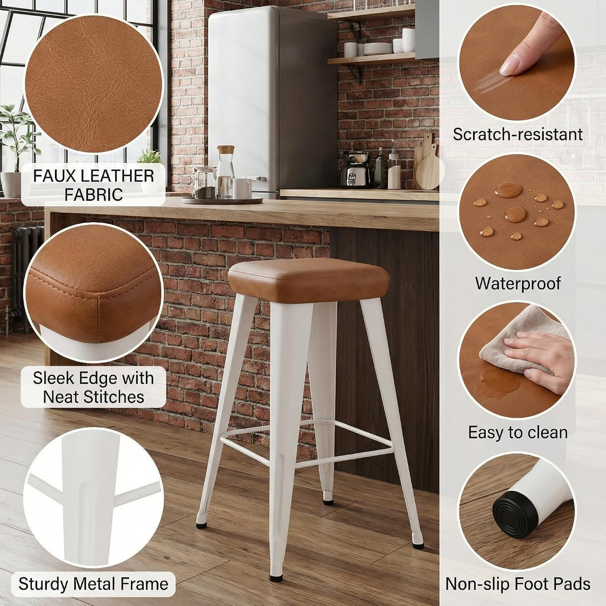 Backless Bar Stools Set of 4, 24" Brown PU Leather Barstools