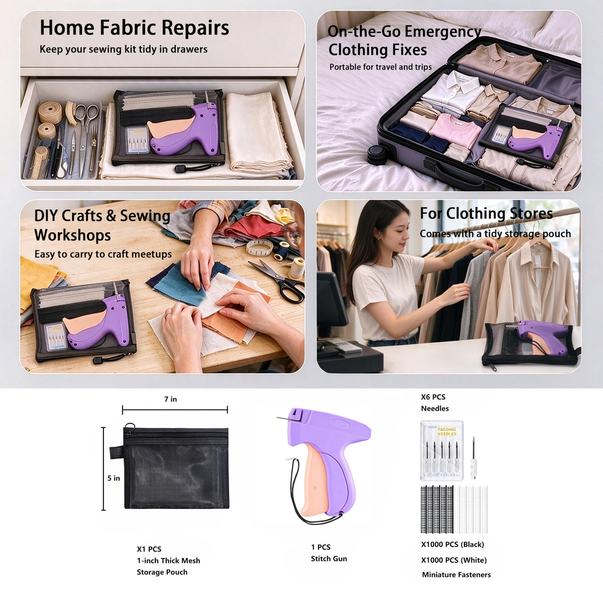 Upgraded Portable Stitch Gun, Clothes Tagging Gun with Storage Bag(Purple)