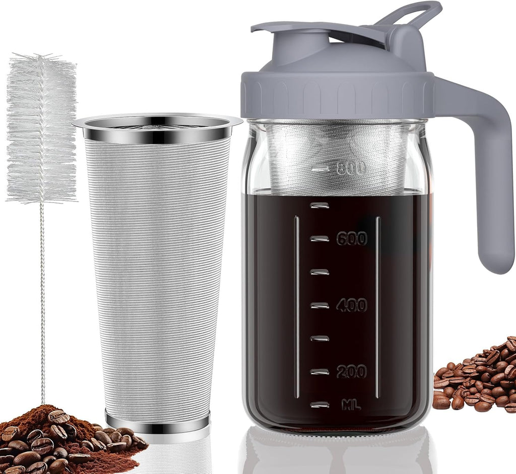 Cold Brew Coffee Maker, 32 oz Glass Mason Pitcher | 100μm stainless steel filter, wide mouth design, leak-proof lid