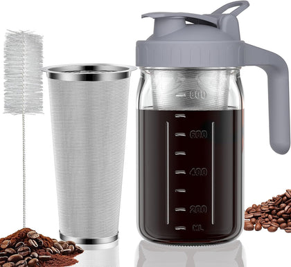 Cold Brew Coffee Maker, 32 oz Glass Mason Pitcher | 100μm stainless steel filter, wide mouth design, leak-proof lid
