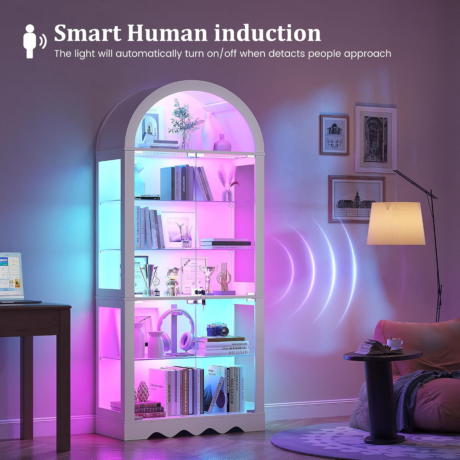 6-Tier Arched Glass Display Cabinet with RGB Lights & Lock | Curio Display Case, Glass Doors, Adjustable Large