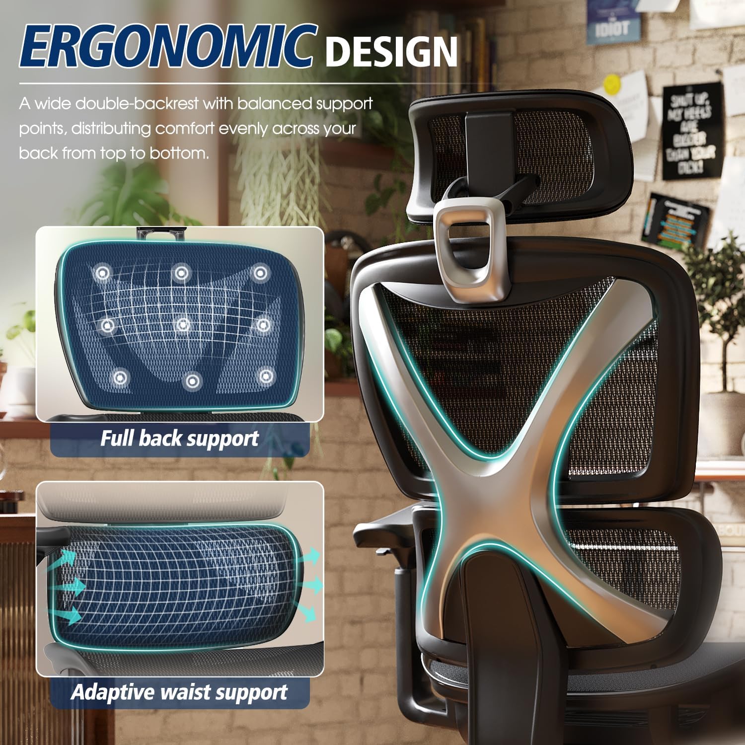 Ergonomic Office Chair, Big and Tall Mesh Chair with Lumbar Support, 3D armrest - 215° Rotation, Adjustable Headrest