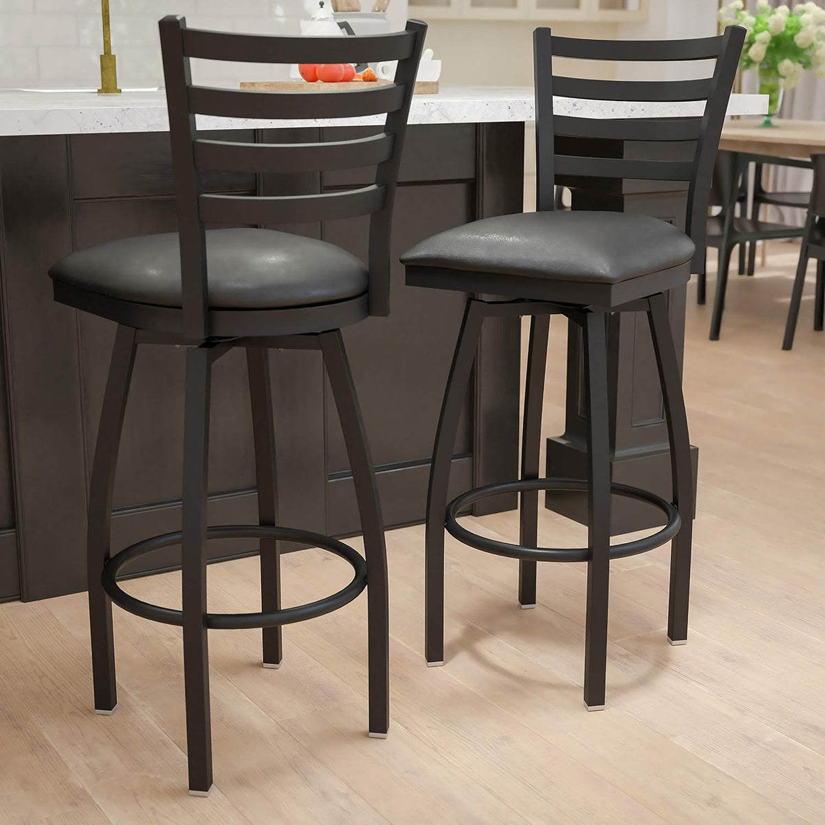 Black Ladder Back Swivel Metal Barstool, 2-Pack