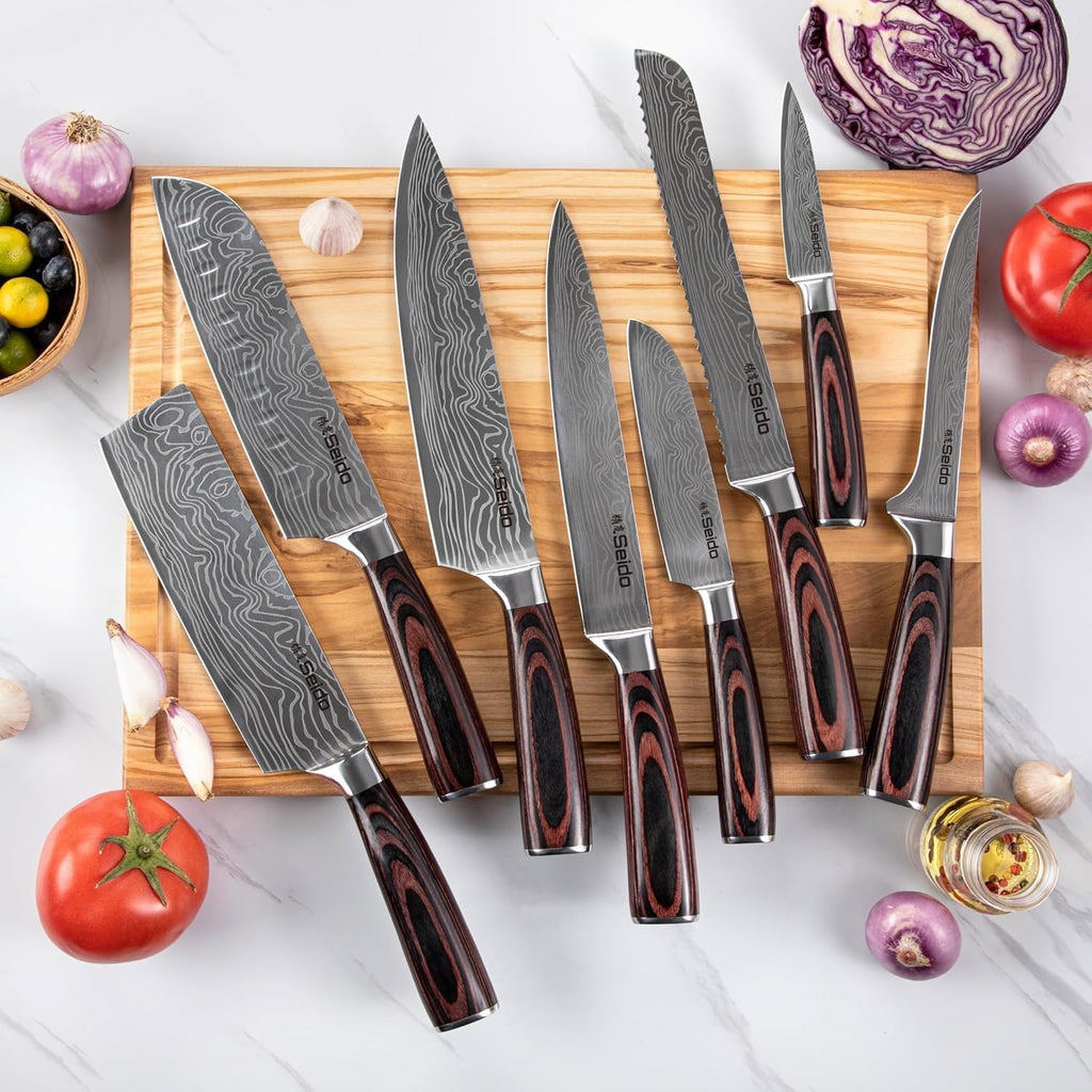 Seido Master 17-Piece Damascus Knife Block Set, Acacia Wood Block