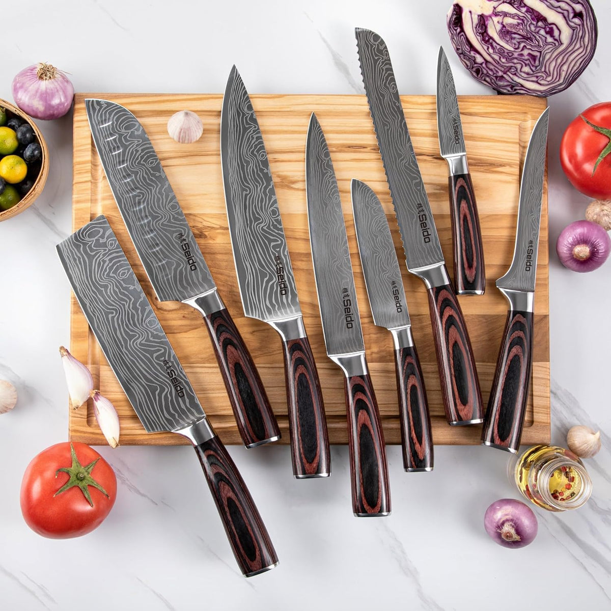 Seido Master 17-Piece Damascus Knife Block Set, Acacia Wood Block