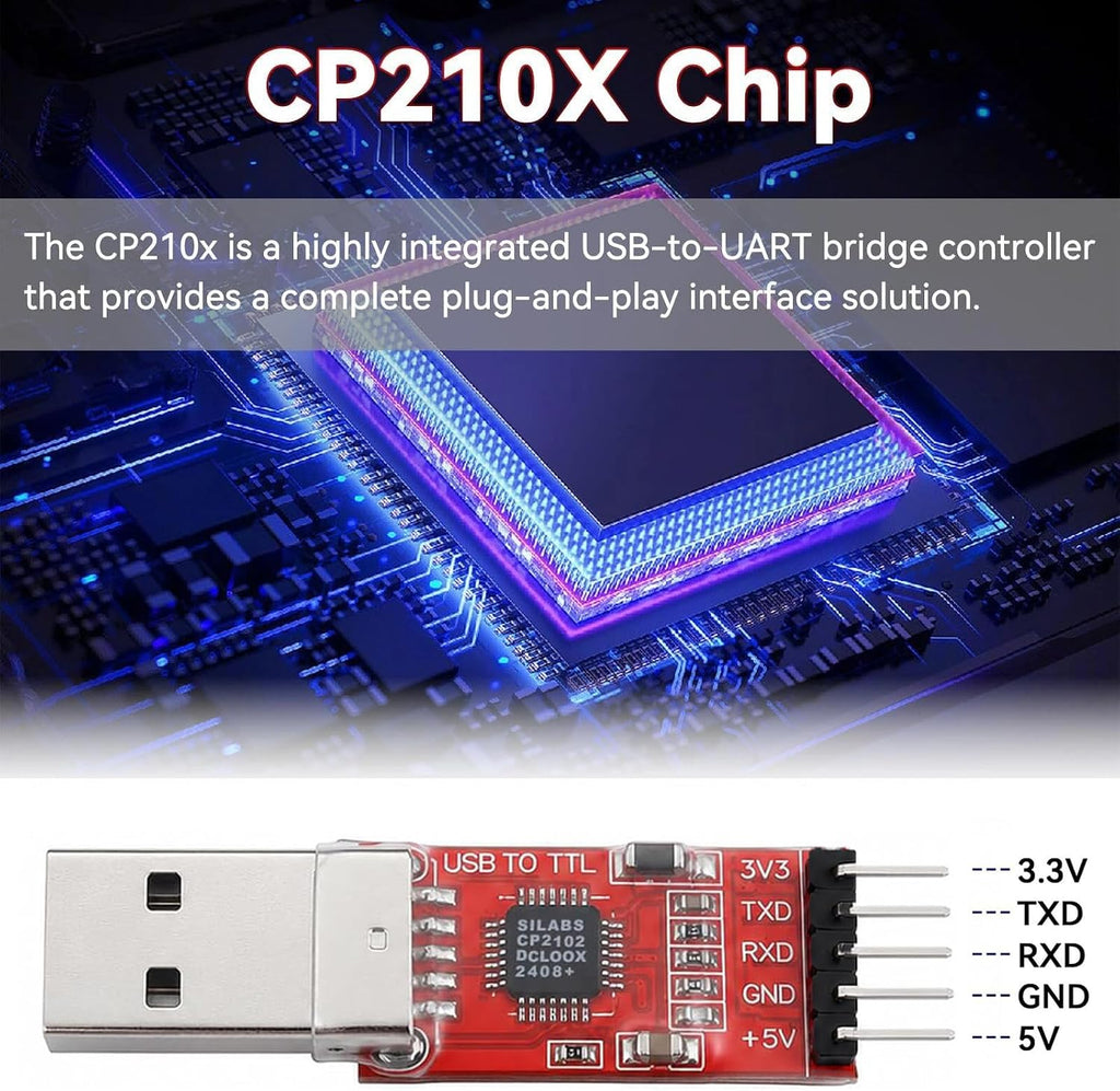 CP2102 USB to TTL Serial Adapter – USB 2.0 to 5Pin UART Converter Module with 3.3V/5V Output, STC Compatible, Includes Jumper Wires – for Arduino, ESP8266, STM32, DIY Projects (1-Pack)