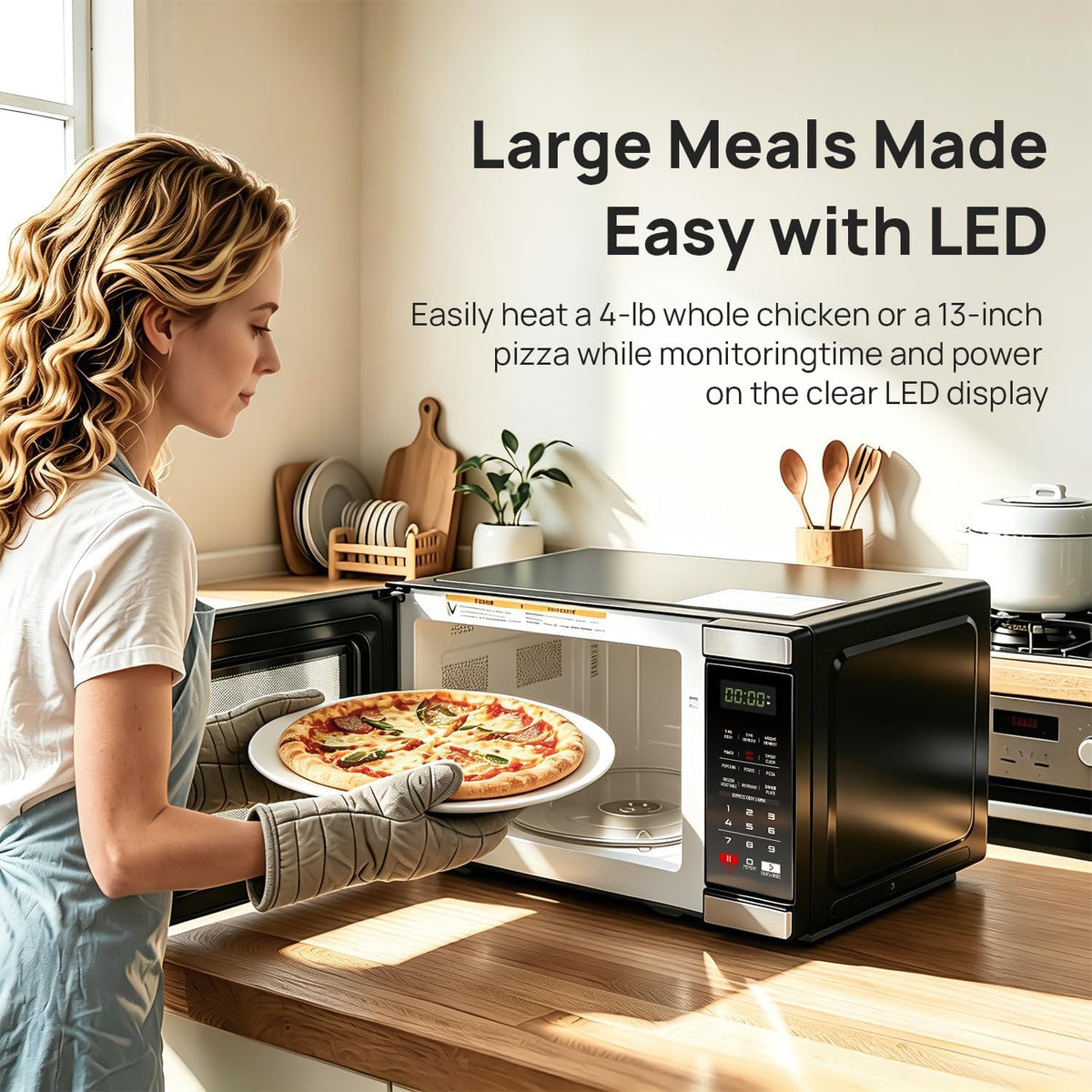 1000 Watt Microwave Countertop Ovens, Black Digital Small Microwave 1.1 Cu Ft, Large Microwave 6 Auto Cooking, Eco