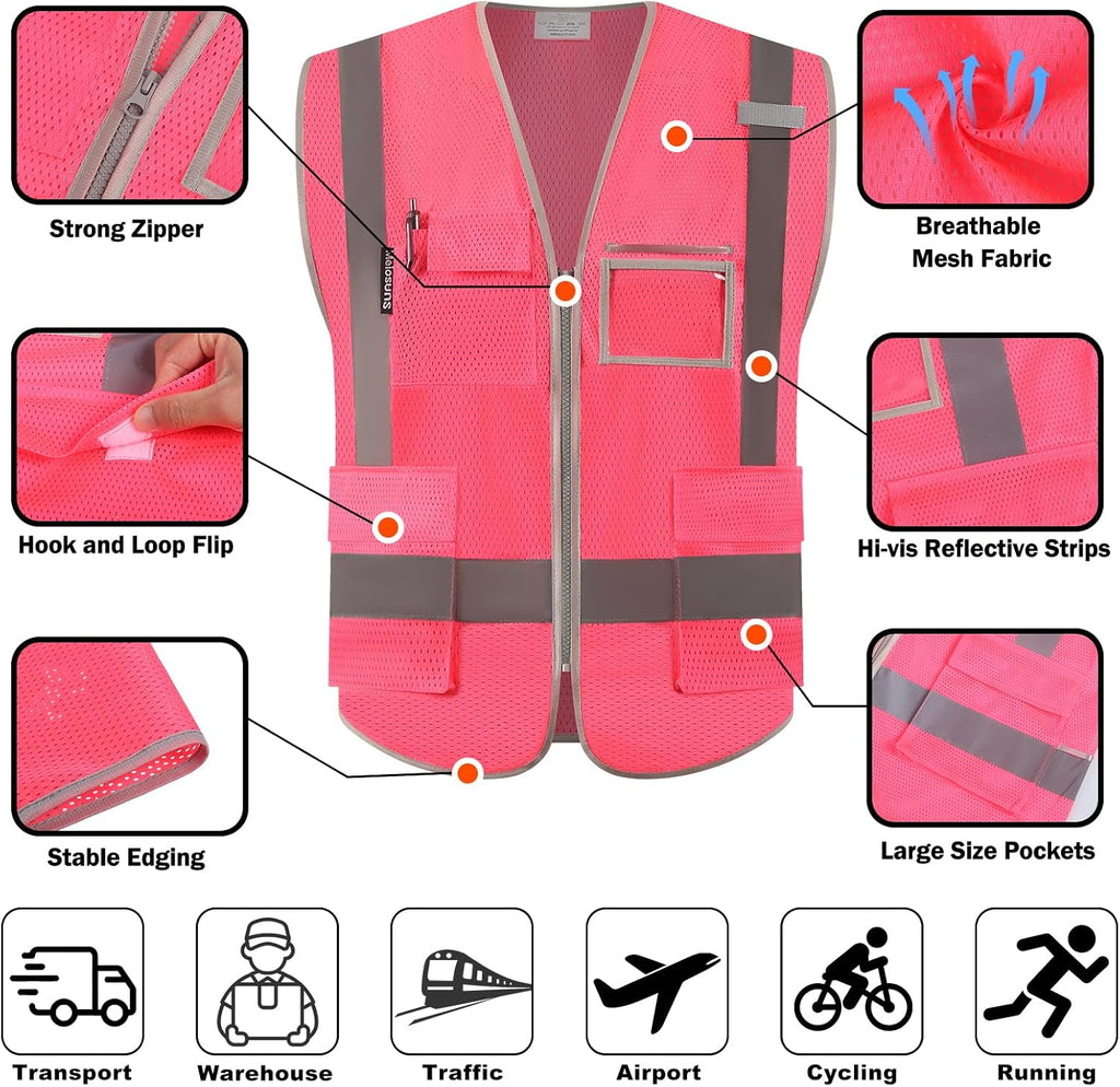 High Visibility Reflective Safety Vest with Zipper Hi Vis Mesh Safety Vests with Pockets Meets ANSI/ISEA Standards