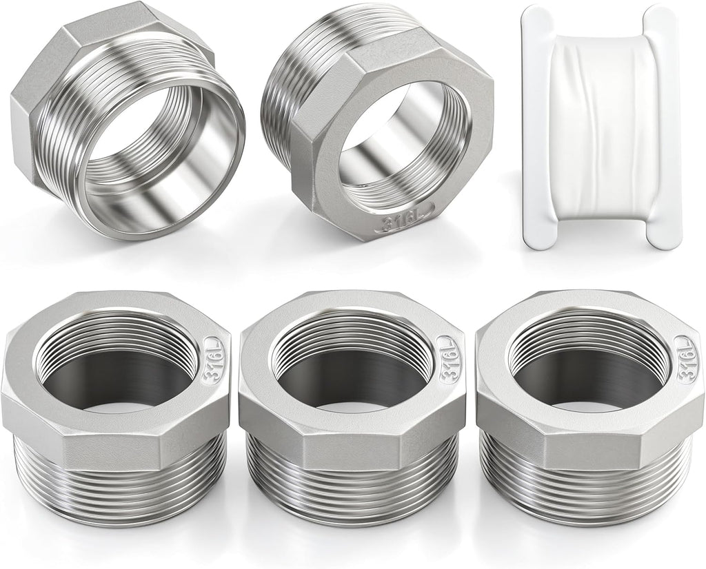 Taisher 5pcs 316L SS Reducer Hex Bushing,1" MNPT x 3/4" FNPT Pipe