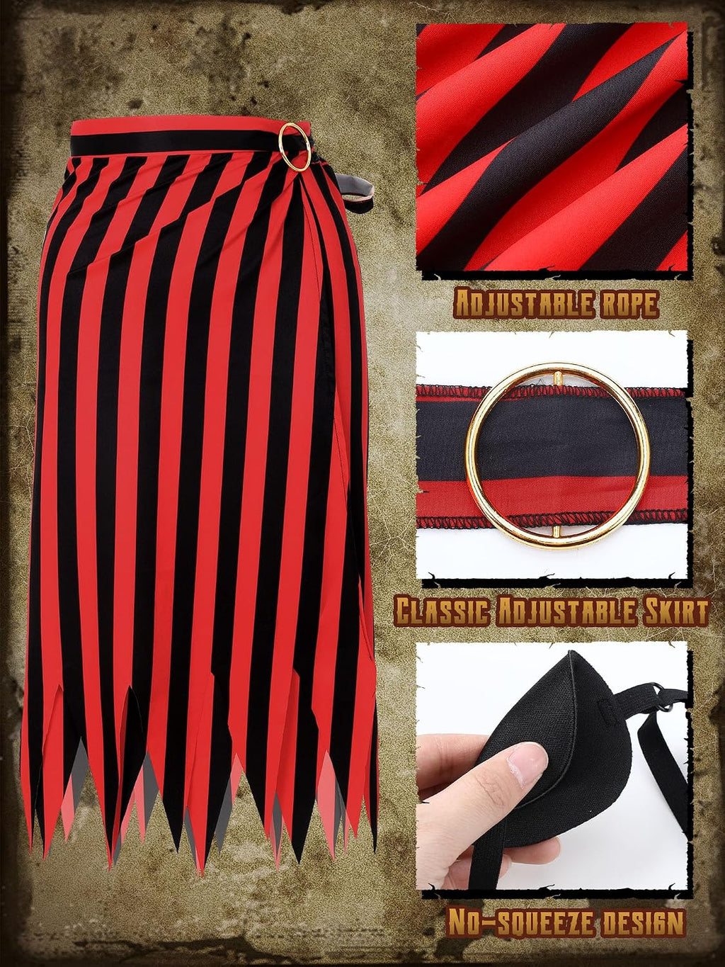25 Pcs Pirate Costume Accessories Women Pirate Wig with Hair Net Hat Sash Belt Striped Skirt Eye Mask Snake Hair