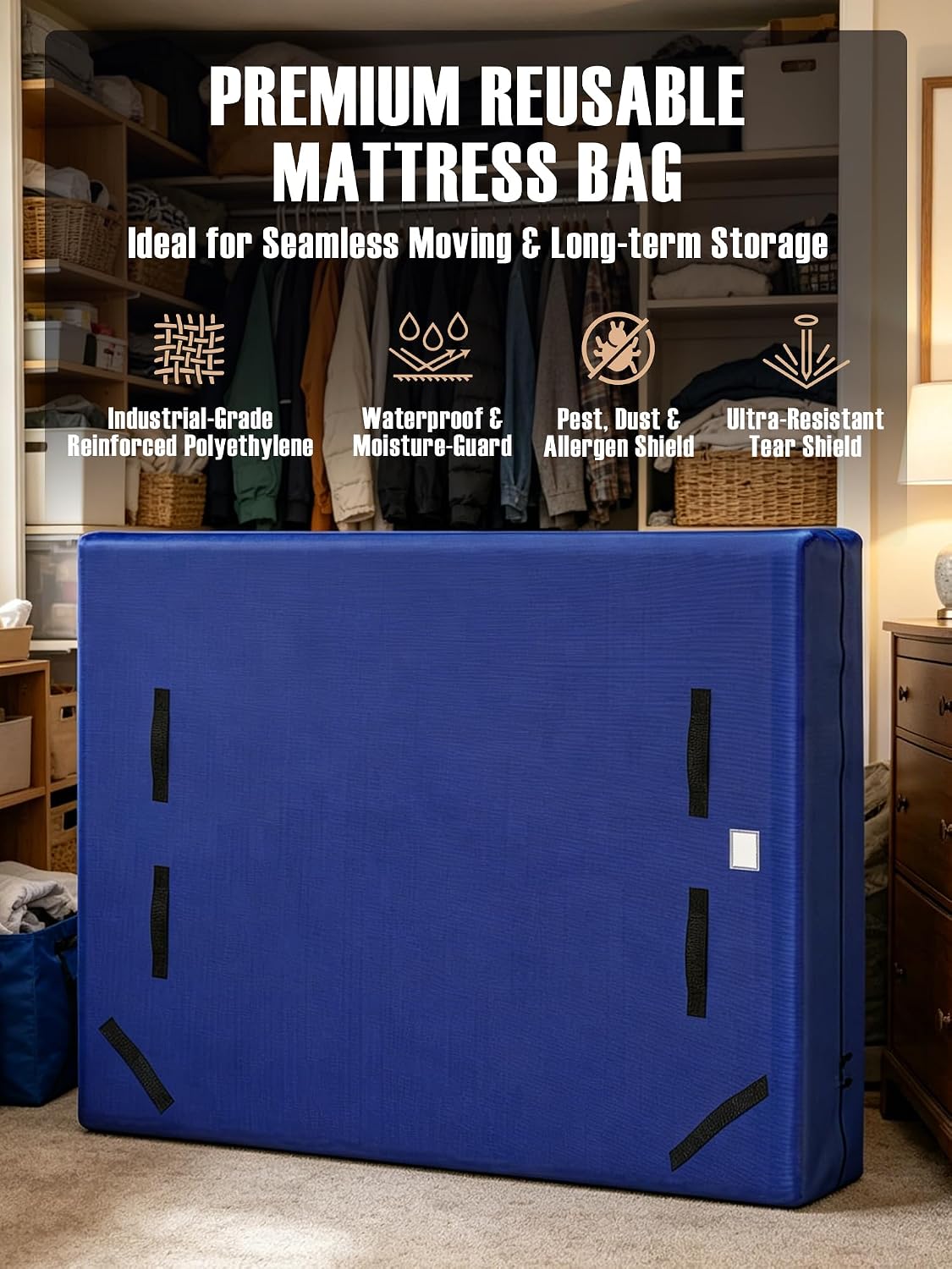 Heavy Duty Mattress Moving Bag with Ergonomic Handles, Blue, King