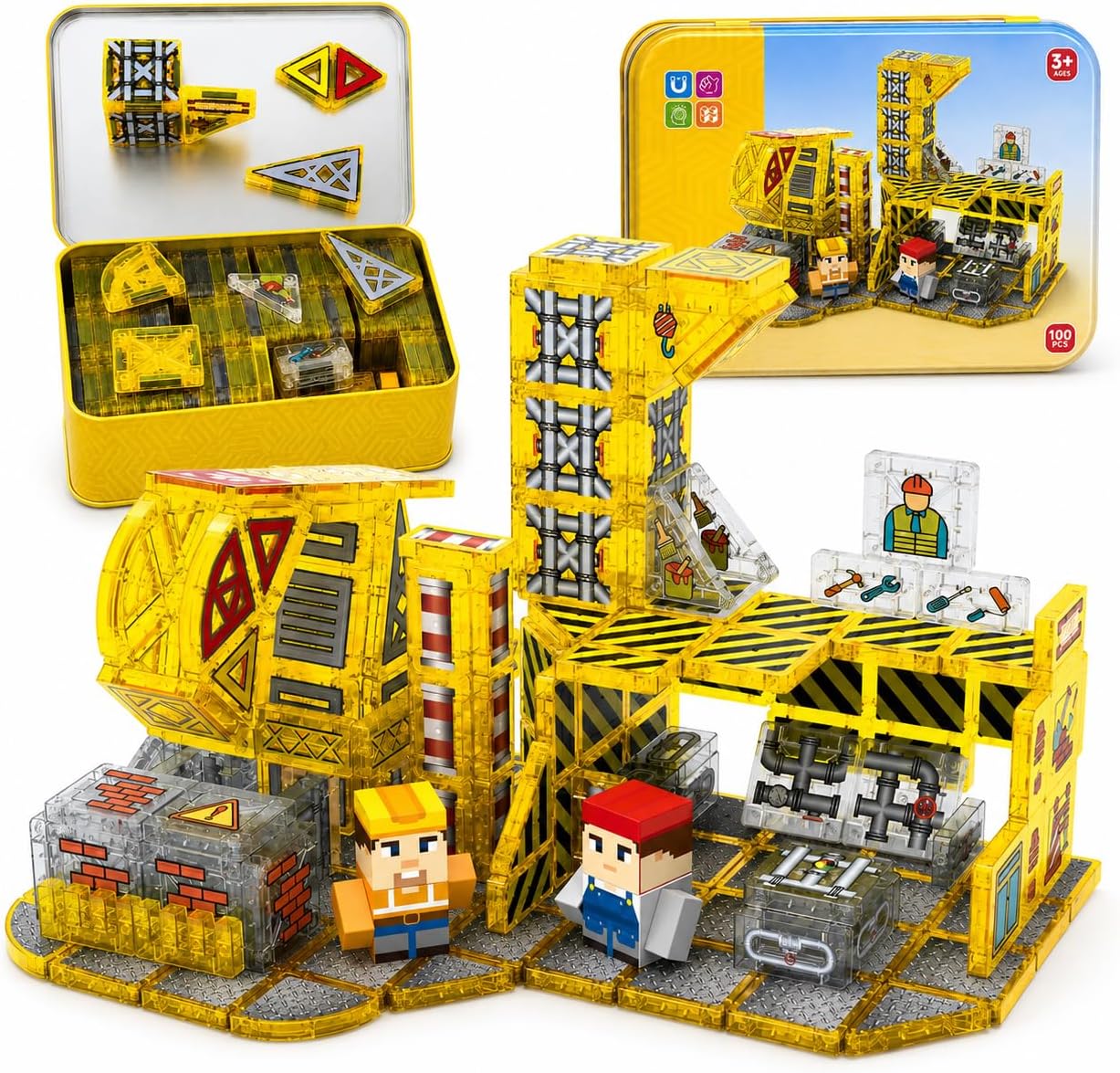 100PCS Magnetic Tiles-Engineering Theme, Mini Magnet Building Tiles, STEM Educational 3D Blocks with 2 Figures