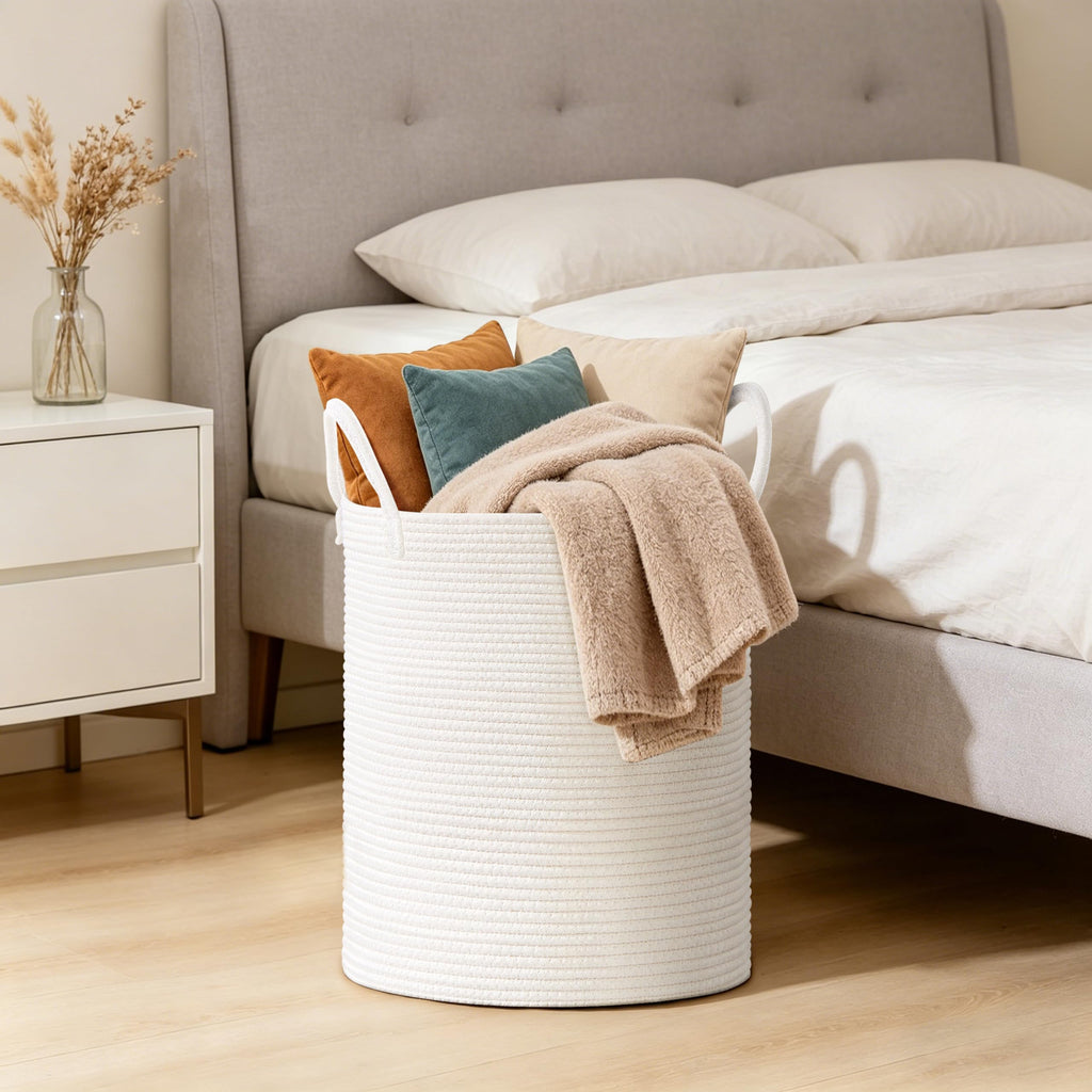 58L Tall Cotton Rope Laundry Basket with Handles, White