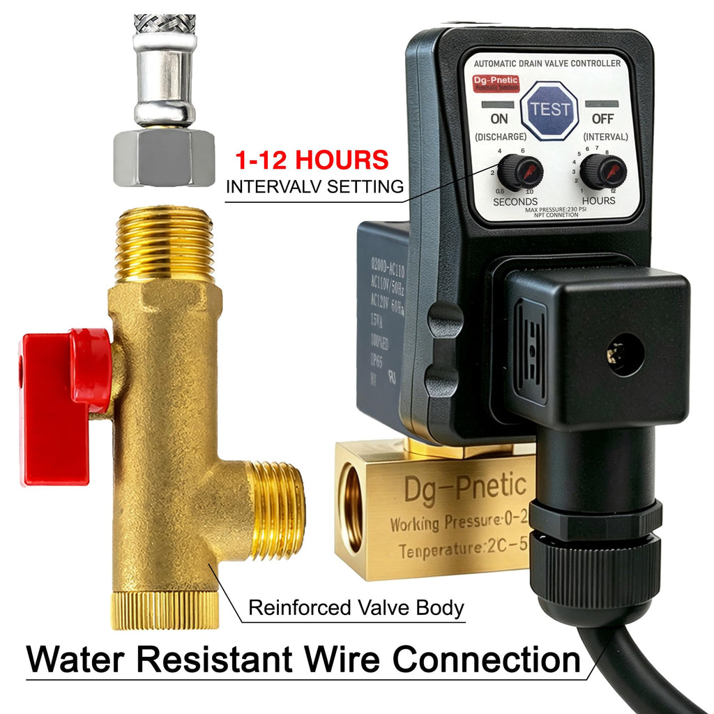Compressor auto drain timer valve, 1/4, 3/8, 1/2 air tank outlet compatible