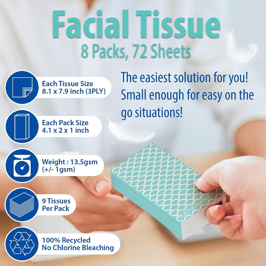 Travel Tissues, 8-Pack, 72 Soft 3-Ply Sheets, Geometric Design