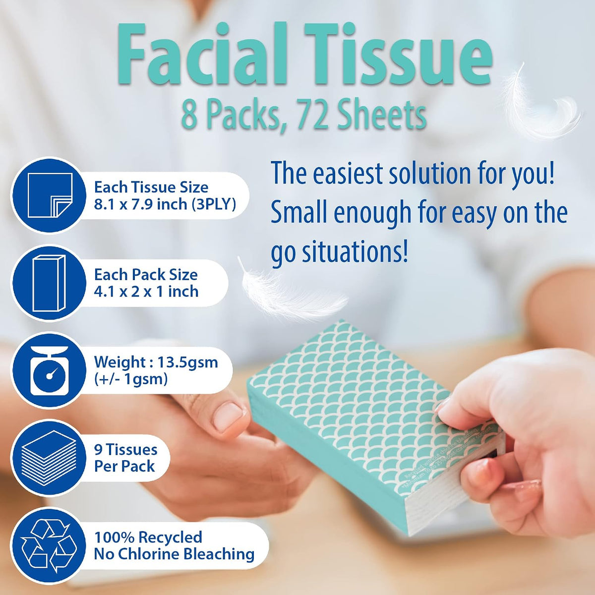 Travel Tissues, 8-Pack, 72 Soft 3-Ply Sheets, Geometric Design