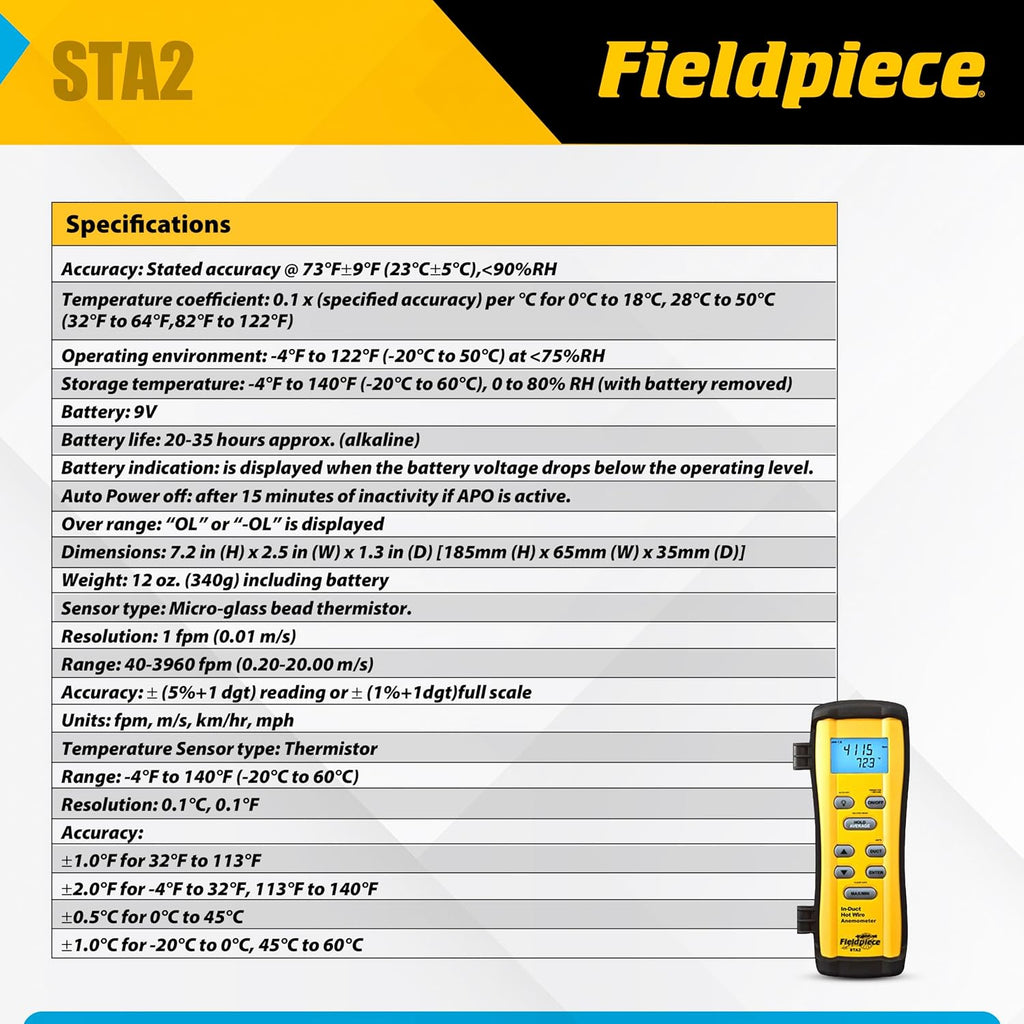 Fieldpiece STA2 in-Duct Hot Wire Anemometer for HVAC Airflow Measurement - CFM, Air Velocity & Temperature - 38" Telescoping Probe - Hands-Free Air Balancing Tool
