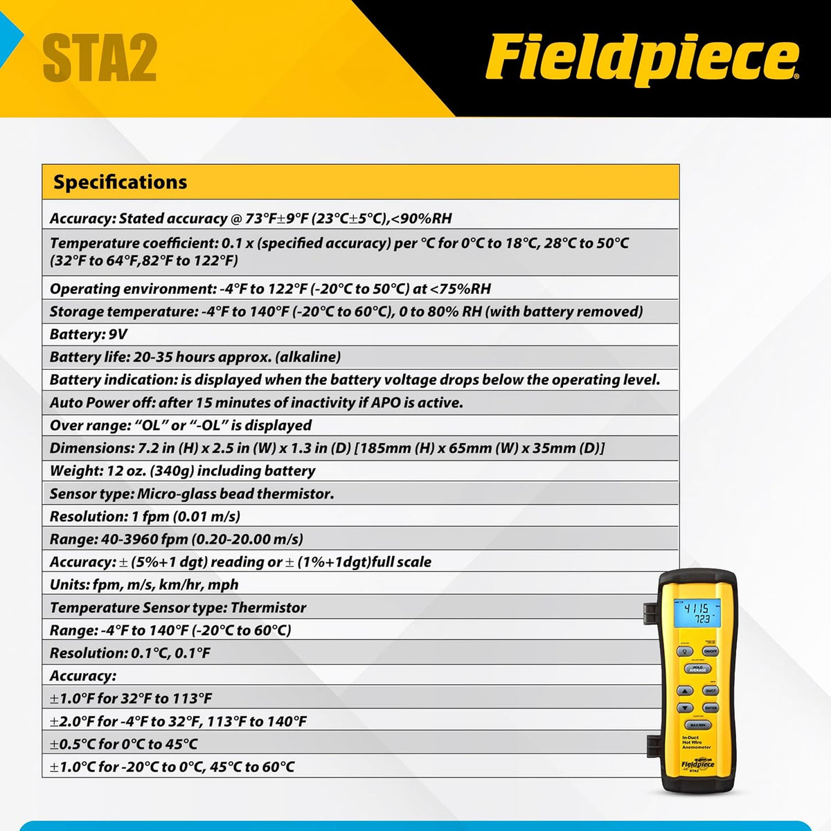 Fieldpiece STA2 in-Duct Hot Wire Anemometer for HVAC Airflow Measurement - CFM, Air Velocity & Temperature - 38" Telescoping Probe - Hands-Free Air Balancing Tool