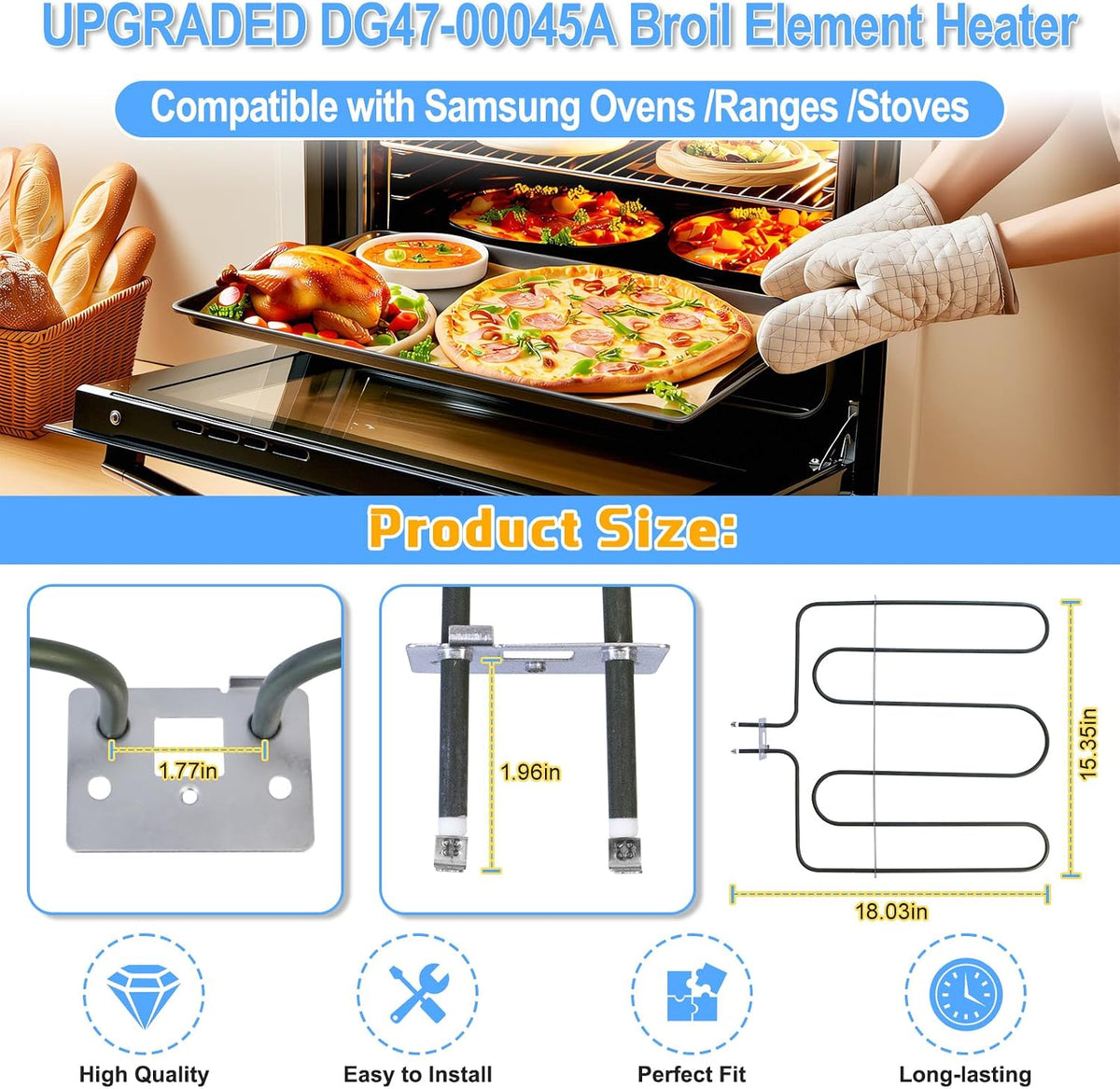 UPGRADED DG47-00045A Broil Element Heater Compatible with Samsung Electric Freestanding Range,DG47-00045A Oven Heating Element Samsung Oven Baking Element Convection Heater Stove Replacement Parts