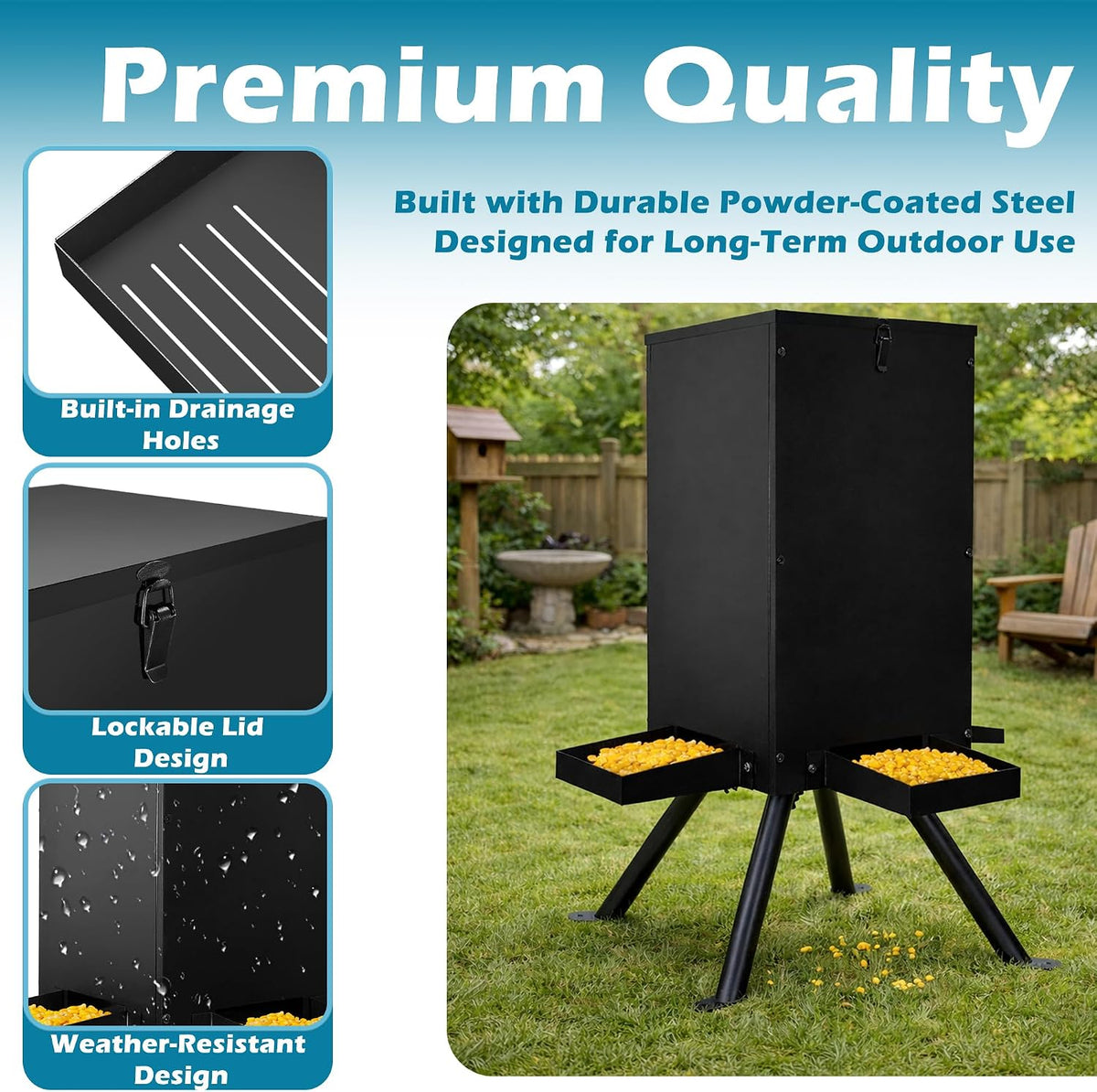 Deer Feeder 60-70 lbs, Weatherproof Deer Feeders, Heavy Duty Metal Gravity Deer Feeder with 4 Feeding Tray and 4-Leg