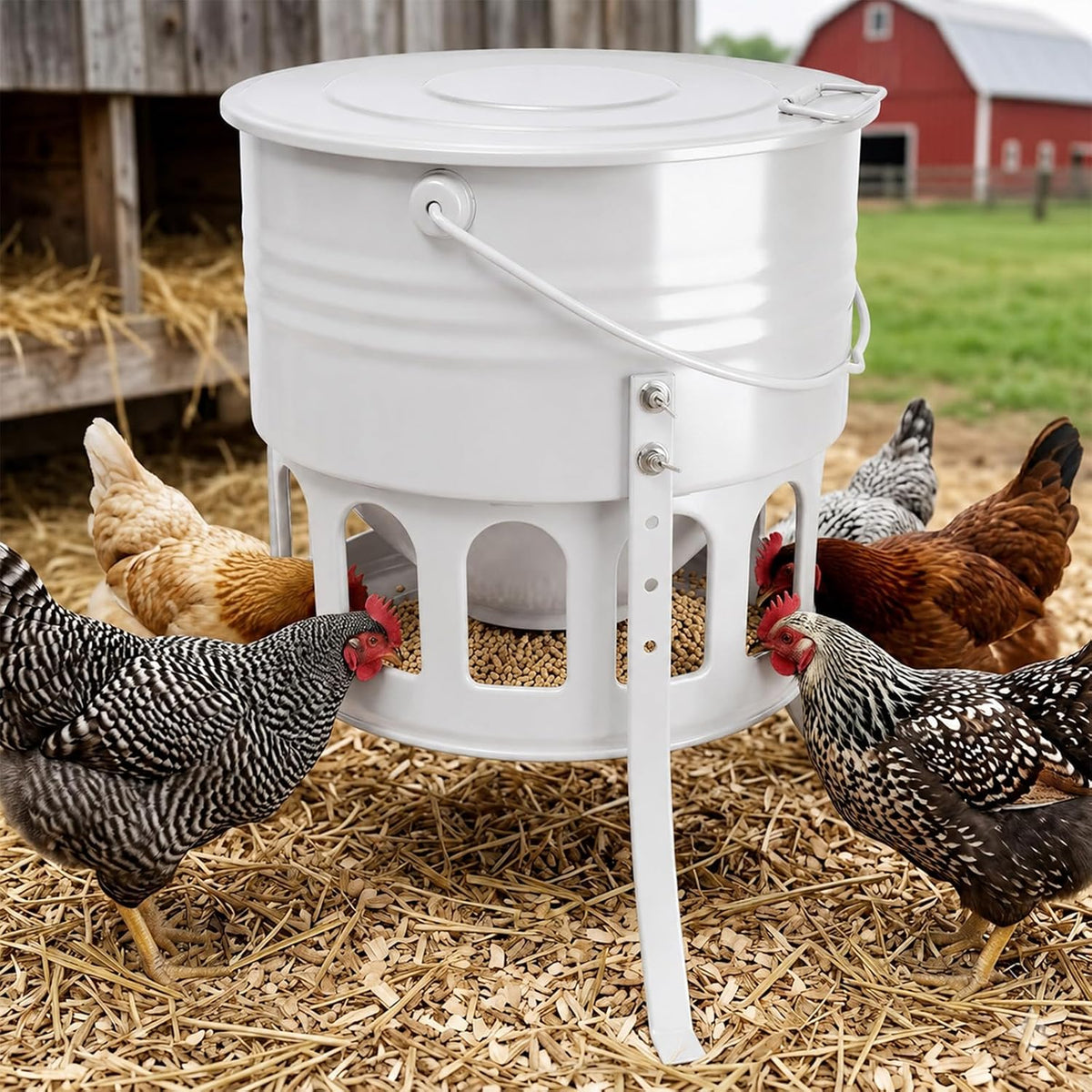 Metal Chicken Feeder No Waste - 20LB Large Chicken Feeder with 12 Ports & 4 Adjustable Heights Tripod Stand