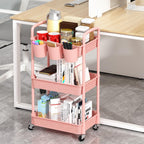 3-Tier Plastic Rolling Utility Cart with Handle,Pink