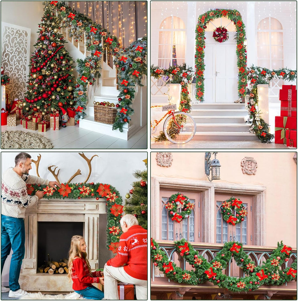 Christmas Garland, 9FT/2.7M Xmas Garland with Lights for Front Door, Christmas Tree Decorations, Mantle, Home