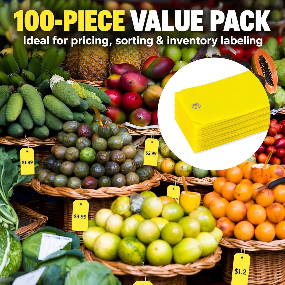100 Pcs Plastic Tags with Wires Shipping Tags 4 3/4 x 2 3/8, Yellow