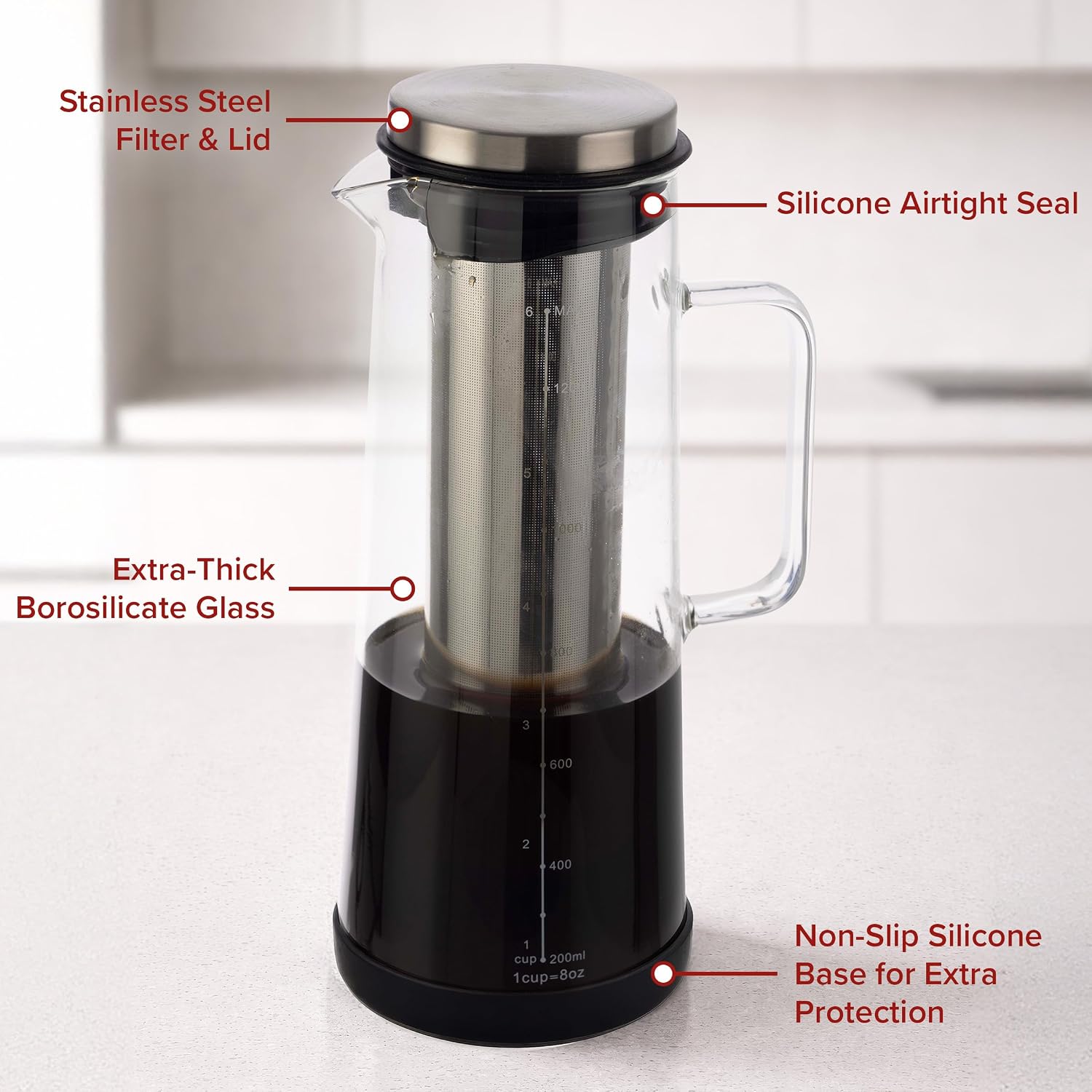 Cold Brew Coffee Maker Pitcher - 1.4L/48oz Glass Carafe with Lid and Spout and Removable Stainless Steel Filter