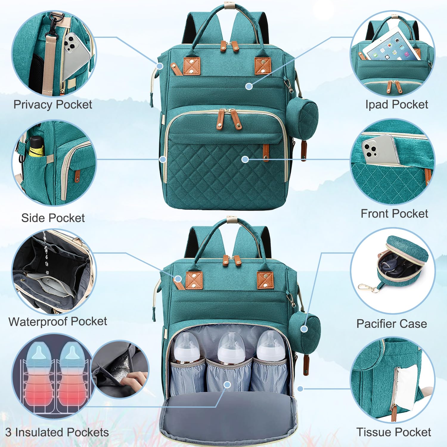 Diaper Bag Backpack Baby Bag, Baby Girl Boy Diaper Bag for Dad Mom with Pad, 16 Pockets, Pacifier Case, Large Diaper