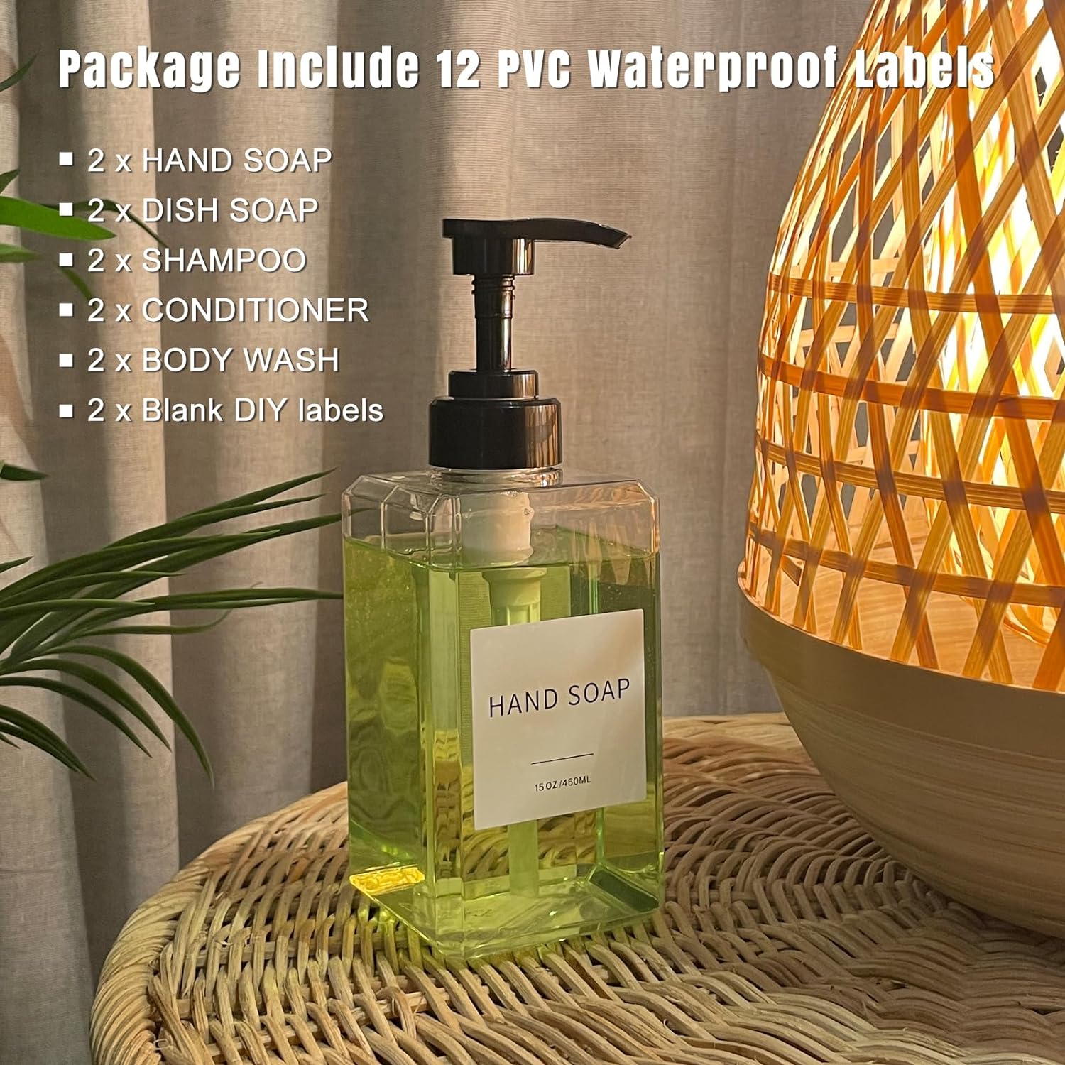 Clear Soap Dispenser with Waterproof Labels, Thickened Plastic Hand Soap Dispenser for Bathroom, Kitchen Dish Washing
