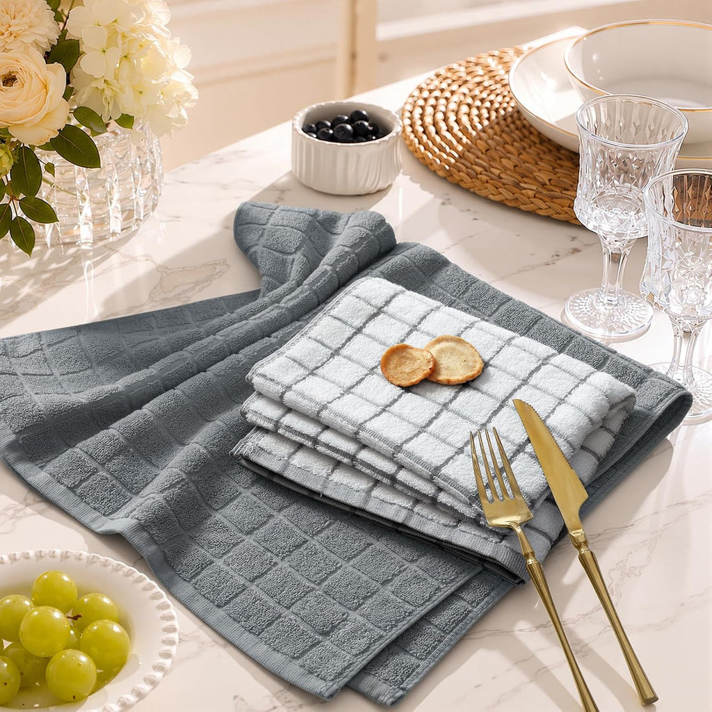 Premium Kitchen Towels (16"x 28", 6 Pack), Large 100% Cotton Terry 390 GSM Kitchen Hand Towels, Ultra Absorbent Check